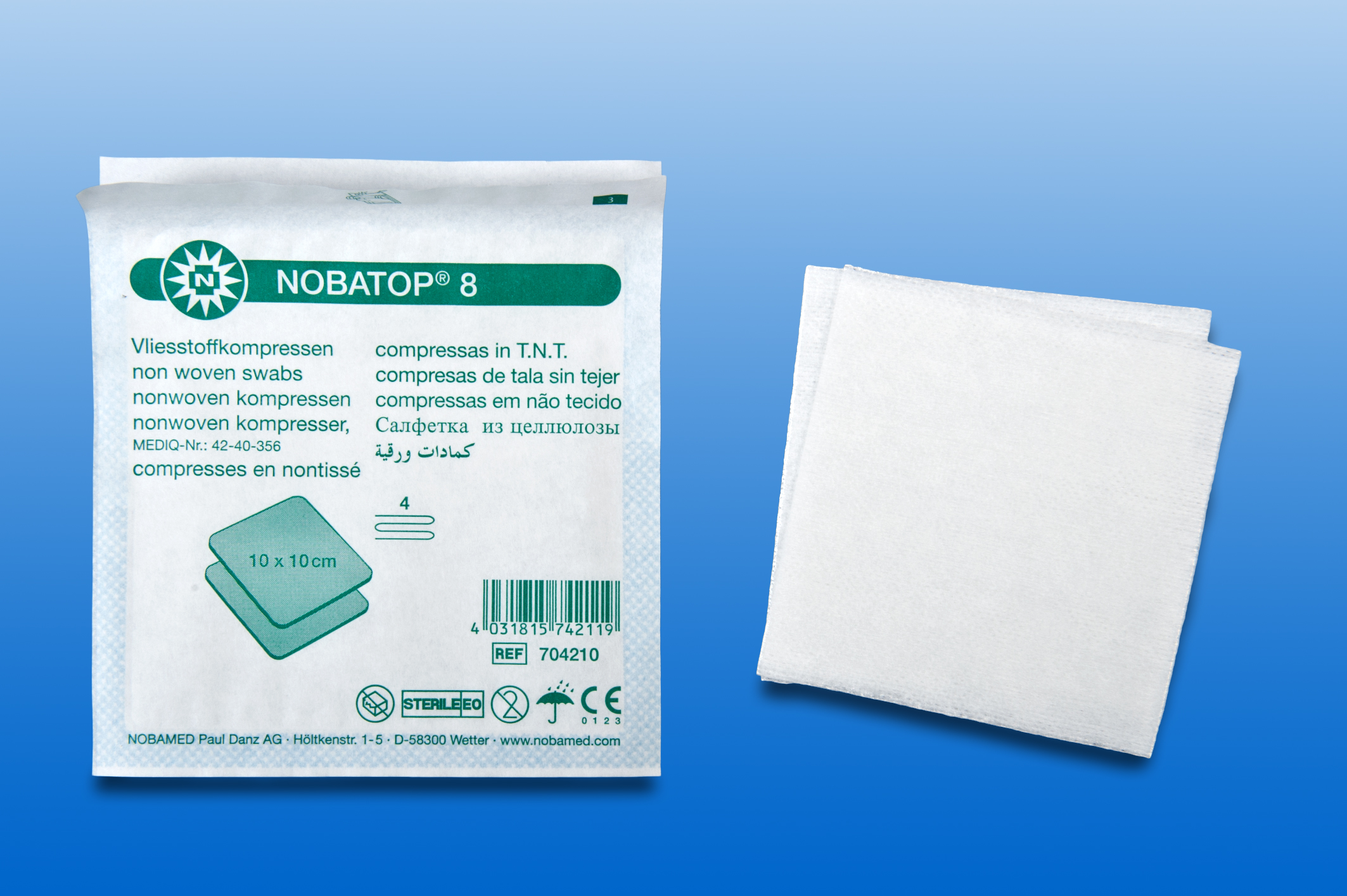 Vlieskompresse steril 10 x 10 cm, 4-lagig, verpackt zu 2 Stück (Schachtel mit 100 Kompressen) Vlieskompresse steril 10 x 10 cm, 4-lagig, verpackt zu 2 Stück (Schachtel mit 100 Kompressen)