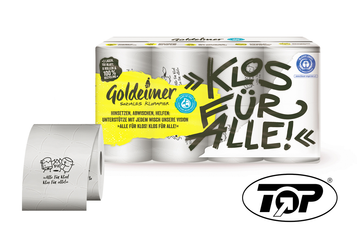 Tue Gutes mit Toilettenpapier "Goldeimer", 3lagig, natur, 150 Blatt/Rolle (Karton enthält 3 Lagen mit je 7 Beuteln à 8 Rollen = 168 Rollen)