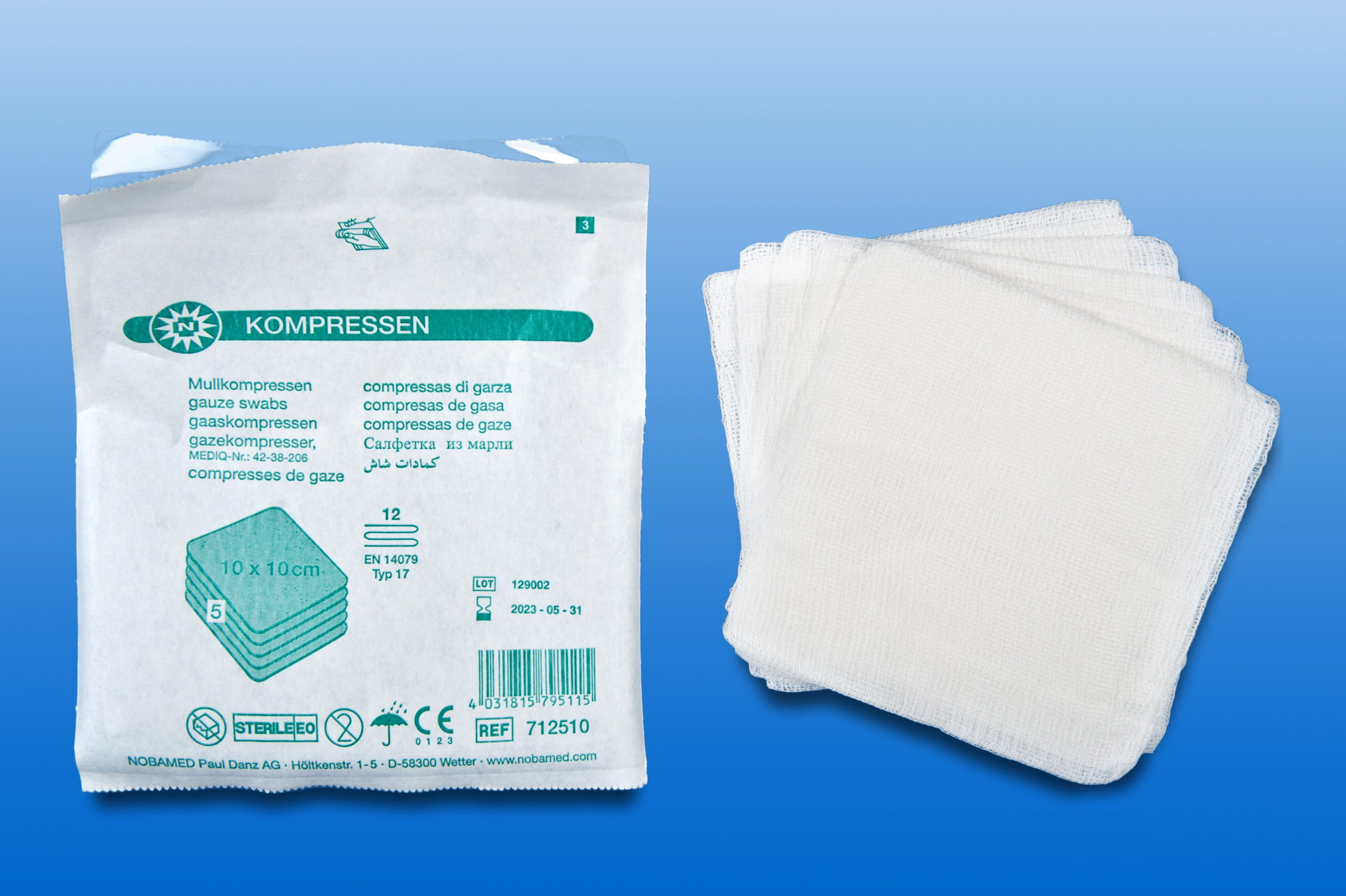 Mullkompresse steril, 5 x 5 cm, 12-lagig, verpackt zu 5 Stück (Schachtel mit 100 Kompressen) Mullkompresse steril, 5 x 5 cm, 12-lagig, verpackt zu 5 Stück (Schachtel mit 100 Kompressen)