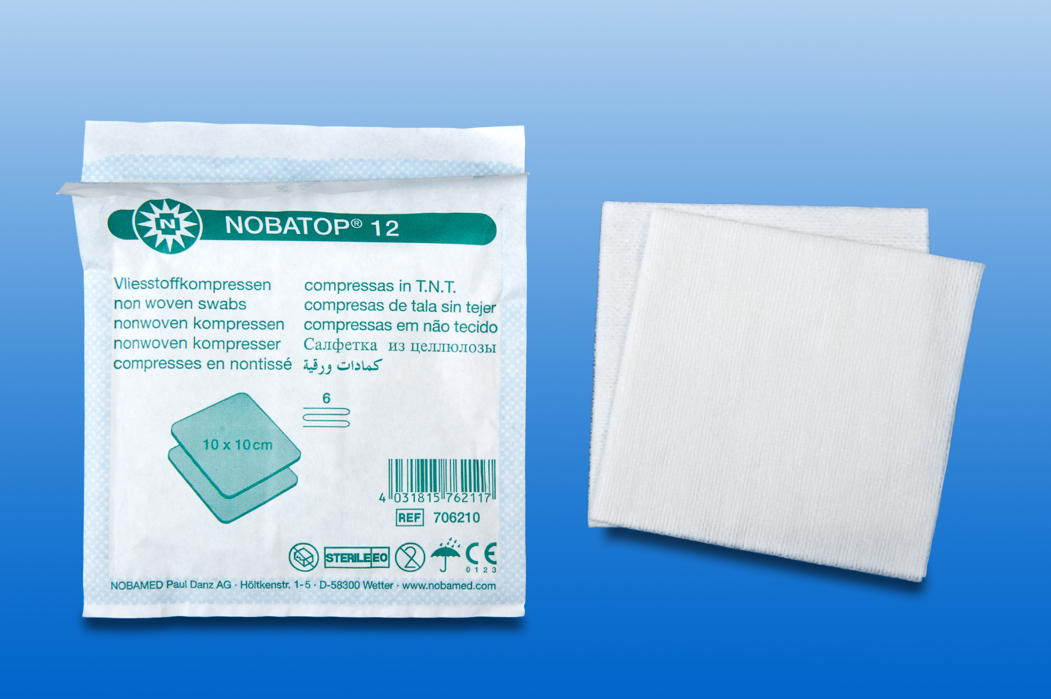 Vlieskompresse steril, 10 x 10 cm, 6-lagig, verpackt zu 2 Stück (Schachtel mit 100 Kompressen)