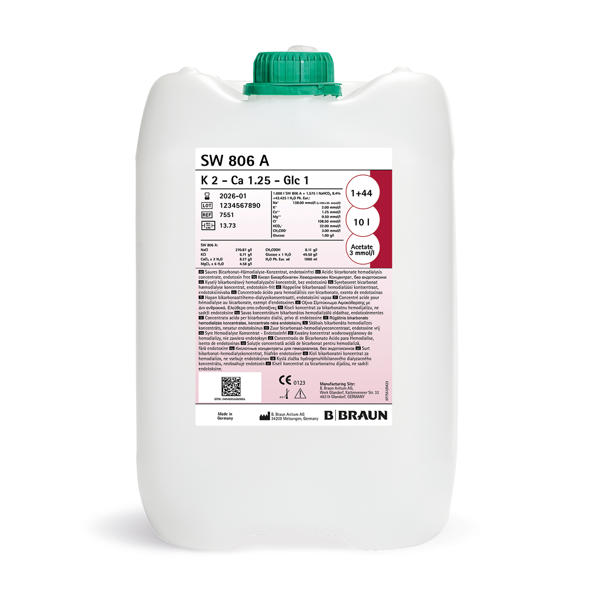 Saures Bicarbonat-Hämodialyse-Konzentrat 1:44 SW 820 A Kalium 2 Calcium 1,75 (Kanister 10 Liter)