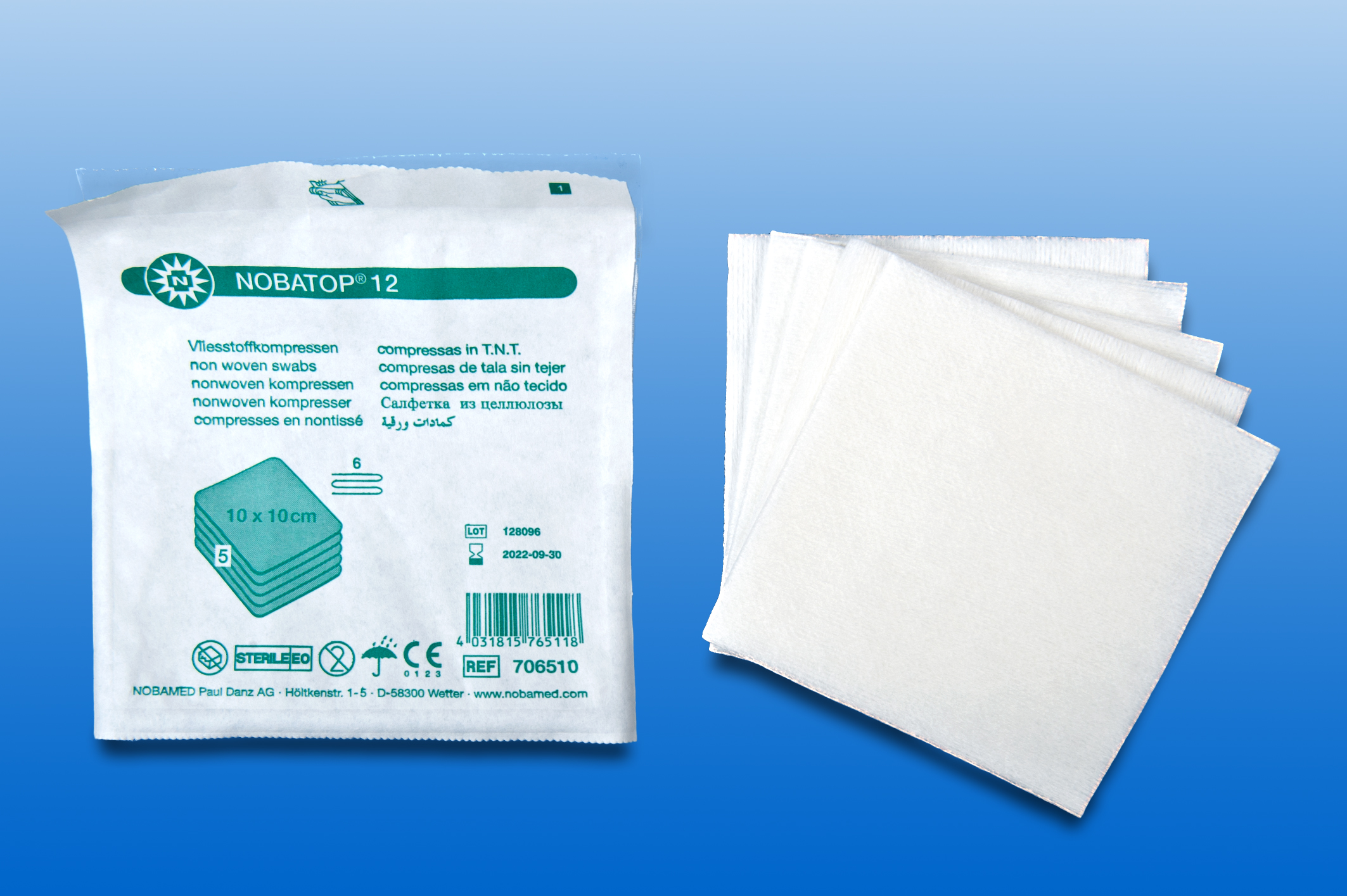 Vlieskompresse steril, 10 x 10 cm, 6-lagig, verpackt zu 5 Stück (Umkarton mit 16 Schachteln mit 100 Kompressen)